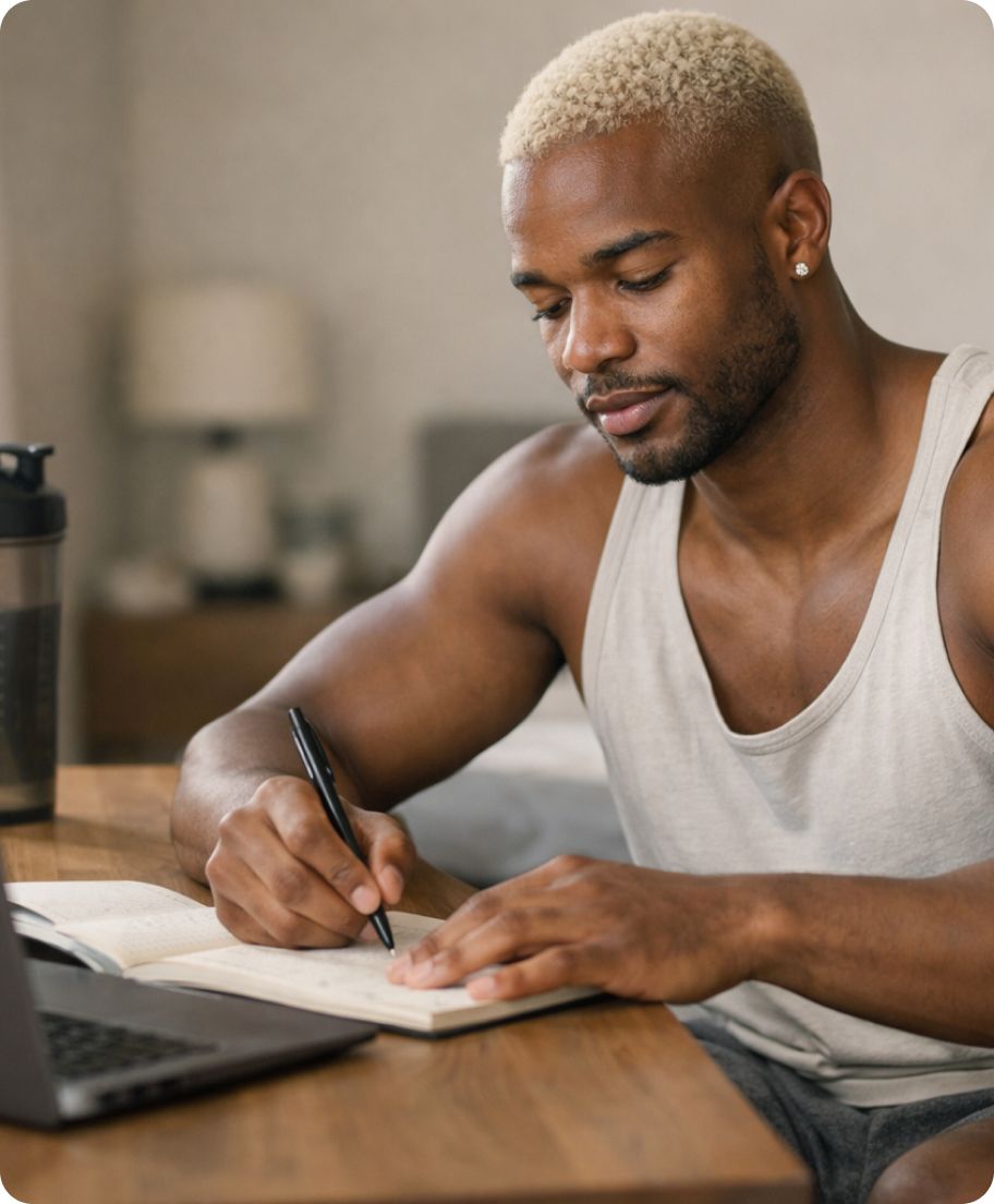 man writing in notebook