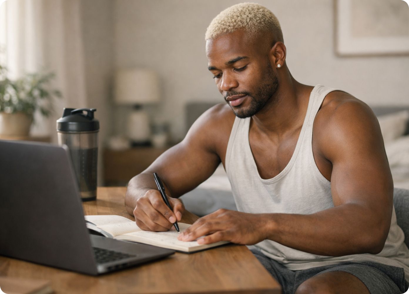 man writing in notebook